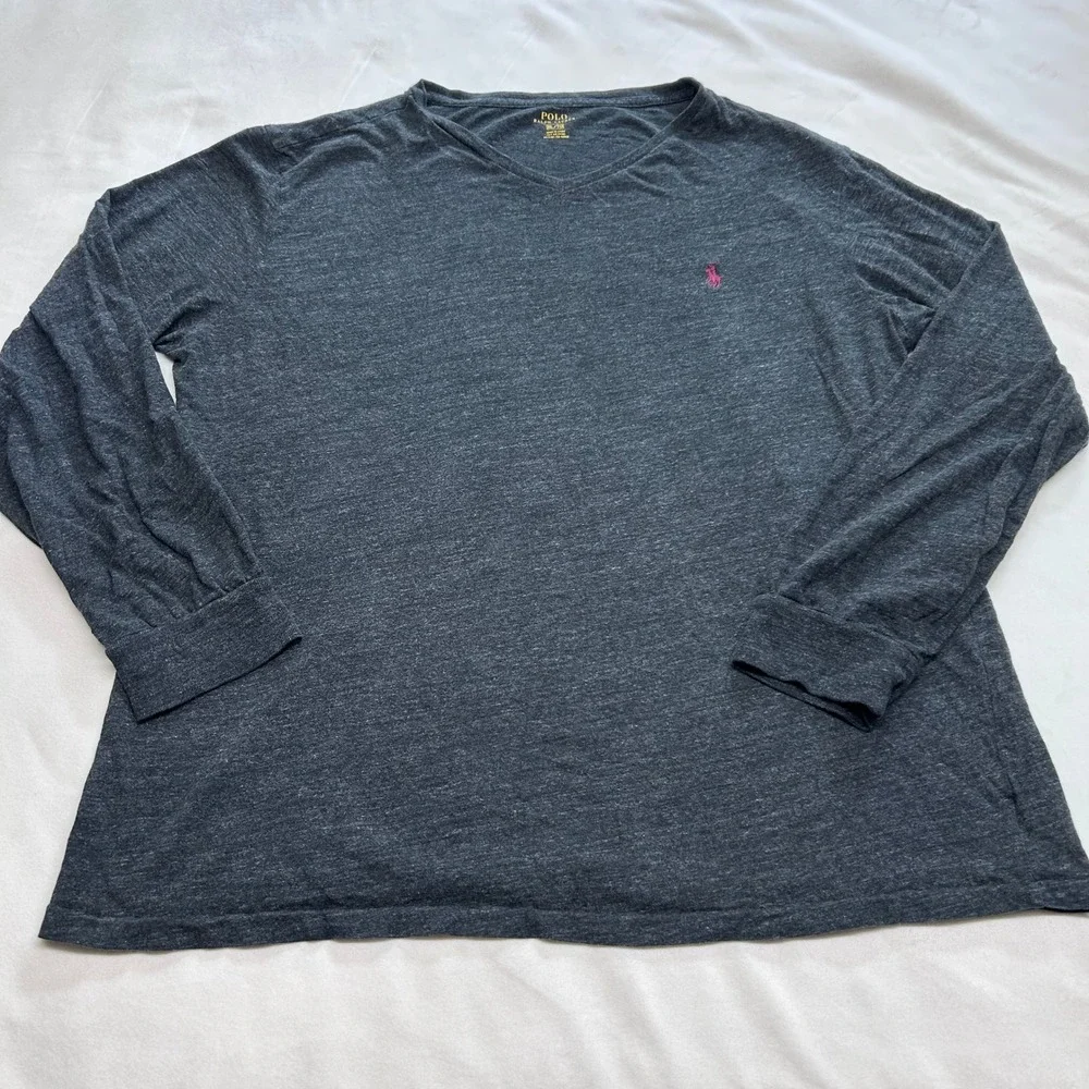 Polo Ralph Lauren Mens XL Gray V-Neck Long Sleeve T-Shirt Pink Pony Logo Cotton